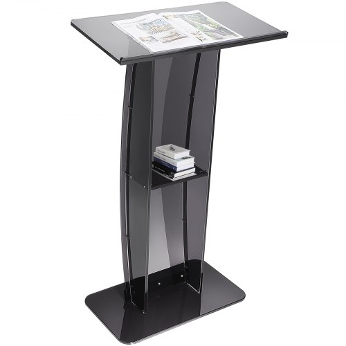 Acrylic Podium, 47" Tall, Acrylic Podium Stand with Wide Reading Surface & Storage Shelf, Floor-standing Clear Pulpits Acrylic for Church Office School, Black - Image 1