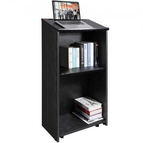 Podium Stand, 47 in Hostess Stand with 4 Rolling Wheels, Wood Podium with Storage Shelves, and Slant Desktop, Lecterns & Podiums for Church, Office, School, Home, Black - Image 1