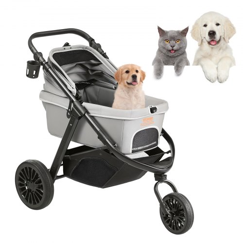 Pet Stroller, 3 PU Wheels Dog Stroller Rotate with Brakes, 75 lbs Weight Capacity, Puppy Stroller with Pet Pad, Storage Basket and External Cup Holder, for Small to Medium Sized Dogs, Grey - Image 1