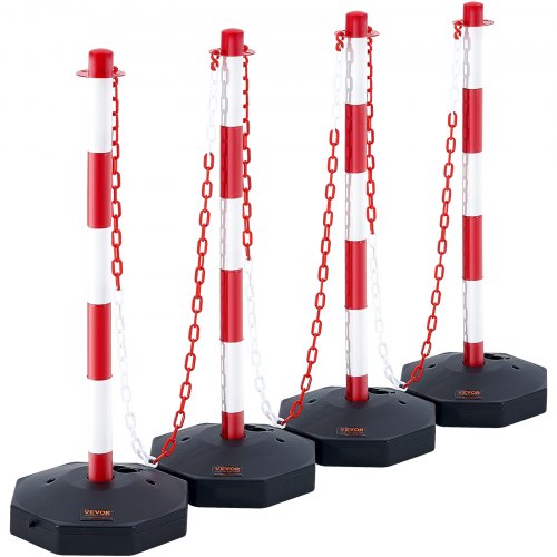 Adjustable Traffic Delineator Post Cones, 4 Pack, Traffic Safety Delineator Barrier with Fillable Base 8FT Chain, for Traffic Control Warning Parking Lot Construction Caution Roads, Red & White - Image 1