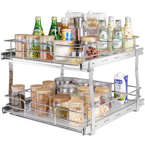 2 Tier 19"W x 20"D Pull Out Cabinet Organizer, Heavy Duty Slide Out Pantry Shelves, Chrome-Plated Steel Roll Out Drawers, Sliding Drawer Storage for Inside Kitchen Cabinet, Bathroom, Under Sink - Image 1