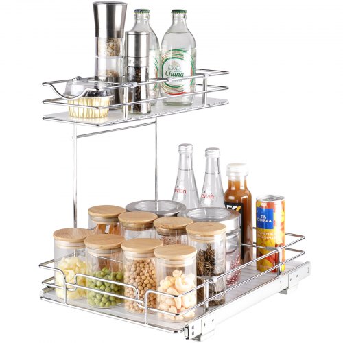 2 Tier 12"W x 17"D Pull Out Cabinet Organizer, Heavy Duty Slide Out Pantry Shelves, Chrome-Plated Steel Roll Out Drawers, Sliding Drawer Storage for Inside Kitchen Cabinet, Bathroom, Under Sink - Image 1