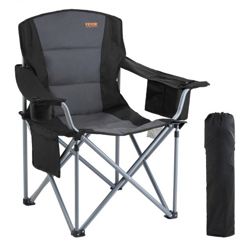Camping Folding Chair For Adults, Portable Heavy Duty Outdoor Quad Lumbar Back Padded Arm Chairs With Side Pockets, Cup Holder And Cooler Bag For Beach, Lawn, Picnic, Fishing, Backpacking, Black - Image 1