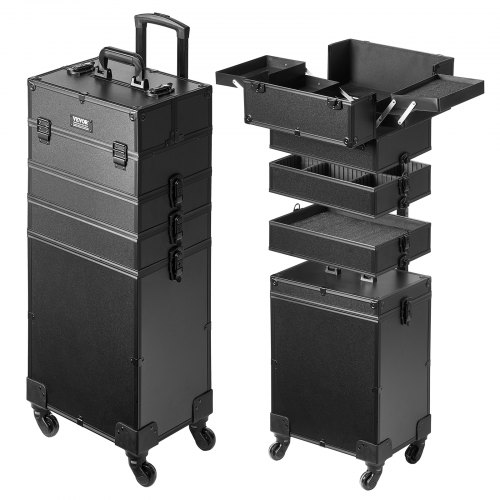 5 in 1 Professional Makeup Train Case Aluminum Cosmetic Case, Rolling Makeup Case Extra Large Trolley Makeup Travel Organizer, with 360° Swivel Wheels & Adjustable Pull Rod, Black - Image 1