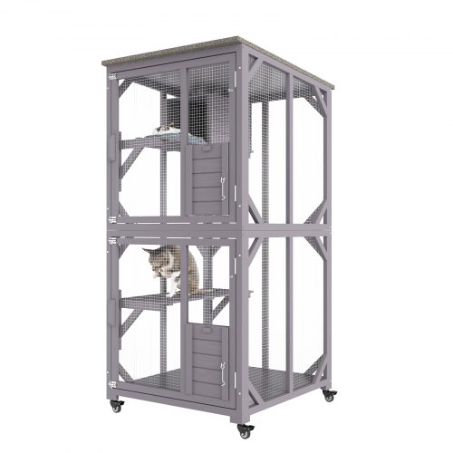 Cat House Outdoor, 3-Tier Large Catio, Cat Enclosure with 360° Rotating Casters, 2 Platforms, A Resting Box and Large Front Door, 29.9 x 34 x 64.1 inch - Image 1