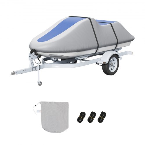 Jet Ski Cover, 3200-3420 mm Trailerable Waterproof PWC Cover, Heavy-duty 600D Marine Grade PU Oxford Fabric, UV Resistant Seadoo Cover with Buckle Straps, Personal Watercraft Covers, Grey+Blue - Image 1