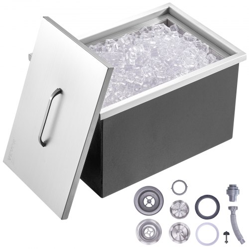 Drop in Ice Chest, 22"L x 17"W x 12"H Stainless Steel Ice Cooler, Commercial Ice Bin with Cover, 40 qt Outdoor Kitchen Ice Bar, Drain-pipe and Drain Plug Included, for Cold Wine Beer - Image 1