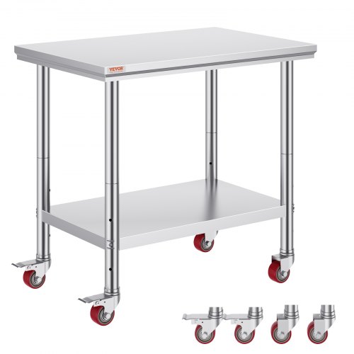 Stainless Steel Catering Work Table 35x24 Inch Commercial Work Table with 4 Wheels Commercial Food Prep Workbench with Flexible Adjustment Shelf for Kitchen Prep Table - Image 1