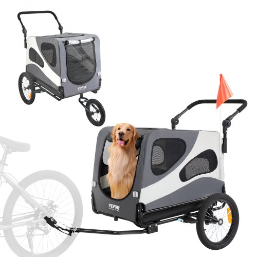 Dog Bike Trailer, Supports up to 100 lbs, 2-in-1 Pet Stroller Cart Bicycle Carrier, Easy Folding Cart Frame with Quick Release Wheels, Universal Bicycle Coupler, Reflectors, Flag, Black/Gray - Image 1