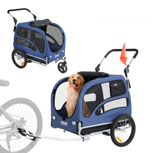 Dog Bike Trailer, Supports Up To 100 Lbs, 2 In 1 Pet Stroller Cart Bicycle Carrier, Easy Folding Cart Frame With Quick Release Wheels, Universal Bicycle Coupler, Reflectors, Flag, Blue/Black - Image 1