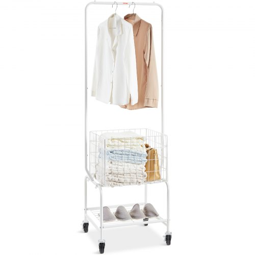 Metal Rolling Laundry Basket With Hanging Garment Rack, Height Adjustment Laundry Hamper Cart With Basket Load And Shelf Load, Storage Organizer With Heavy Duty Lockable Wheels - Image 1