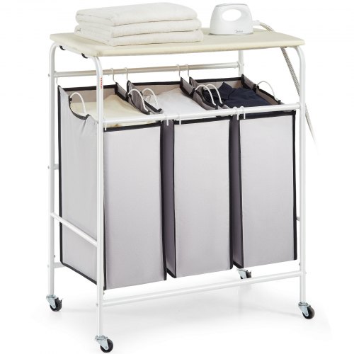 3 Section Laundry Sorter Cart With Ironing Board, Laundry Hamper With Heavy Duty Lockable Wheels And 3 Removable Bag, Rolling Laundry Basket Sorter For Clothes Storage - Image 1