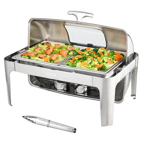 Rectangle Roll Top Chafing Dish With 9Qt Pan Visual Glass Lid Fuel Holder - Image 1