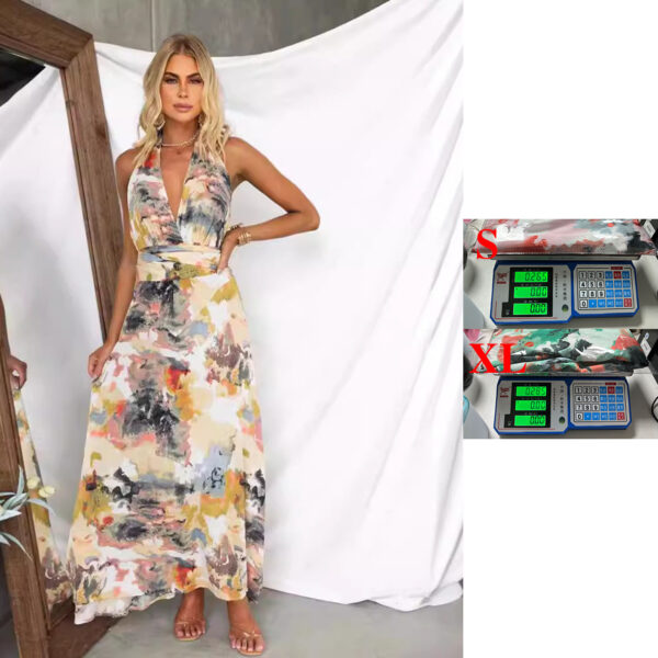 Women'S Dress Printed Tied V Neck Waist Tight A Line - Image 3