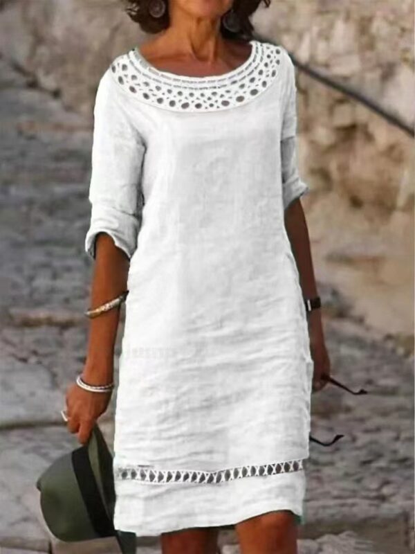 Solid Color Round Neck Hollow Lace Loose Dress - Image 6