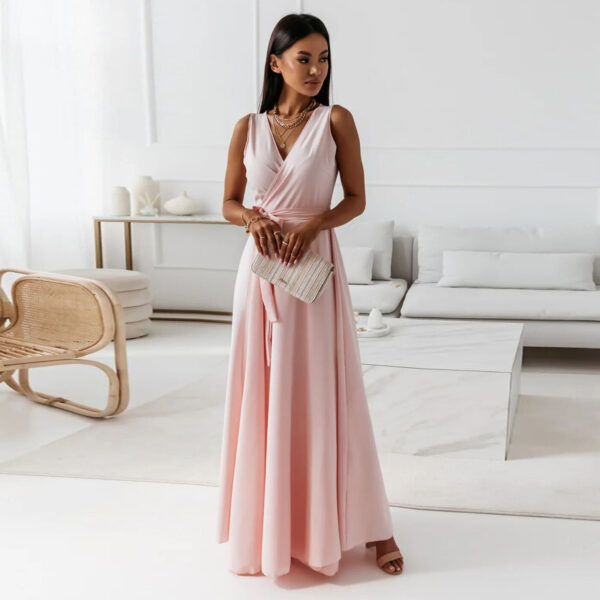 V Neck Sleeveless Dress With Belt Summer Fashion Party Club Evening Maxi Dresses For Women Clothing - Image 2