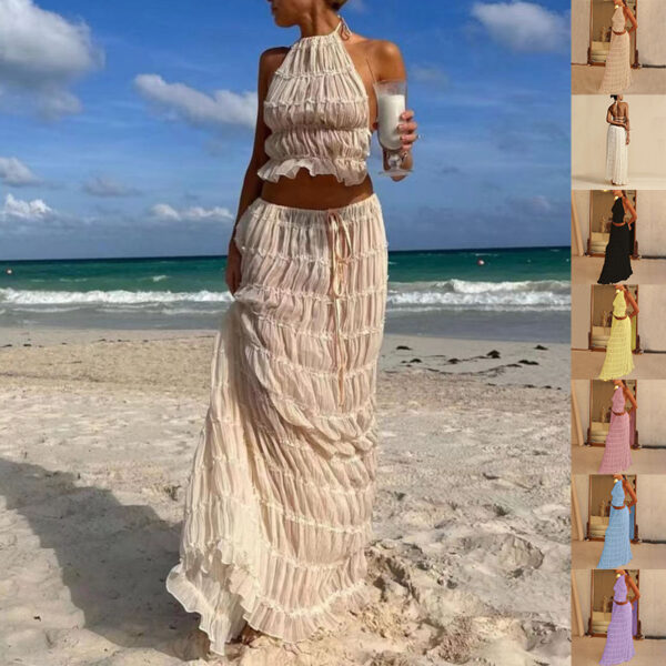 2Pcs Women'S Dress Suit Sexy Sleeveless Backless Cropped Halter Top And Pleated Long Skirt Beach Clothing