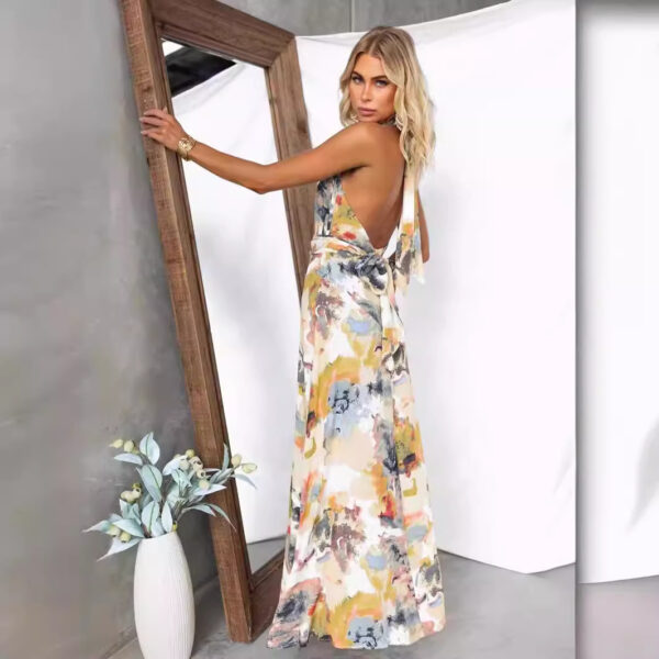 Women'S Dress Printed Tied V Neck Waist Tight A Line - Image 4