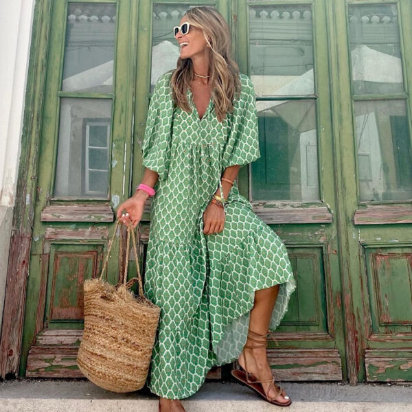 Summer Women'S Vintage Printed Bohemian Dress Elegant Ladies Casual Loose V Neck Short Sleeve Long Dresses