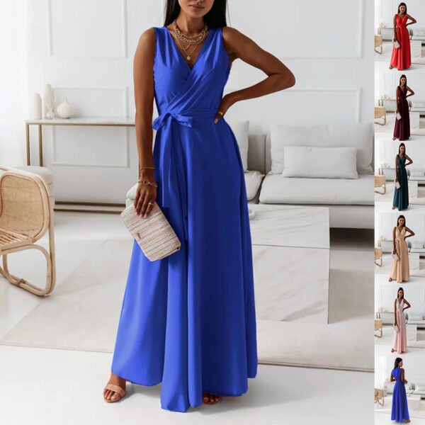 V Neck Sleeveless Dress With Belt Summer Fashion Party Club Evening Maxi Dresses For Women Clothing - Image 1