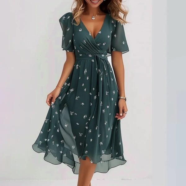 Chiffon Printed Short Sleeve Dress Summer Elegant V Neck Dresses Womens Clothing - Image 6
