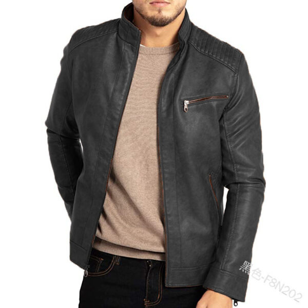 Men'S Polyester Stand Collar Punk Motorcycle Leather Jacket - Image 4