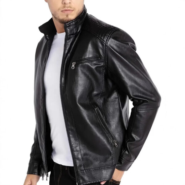 Men'S Polyester Stand Collar Punk Motorcycle Leather Jacket - Image 3