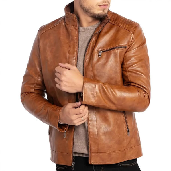 Men'S Polyester Stand Collar Punk Motorcycle Leather Jacket - Image 5