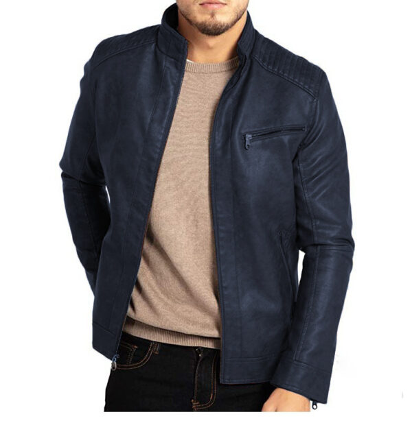 Men'S Polyester Stand Collar Punk Motorcycle Leather Jacket - Image 8