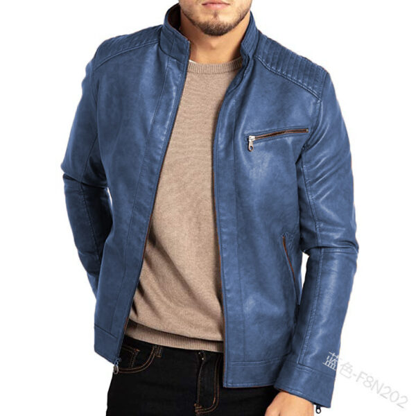 Men'S Polyester Stand Collar Punk Motorcycle Leather Jacket - Image 6