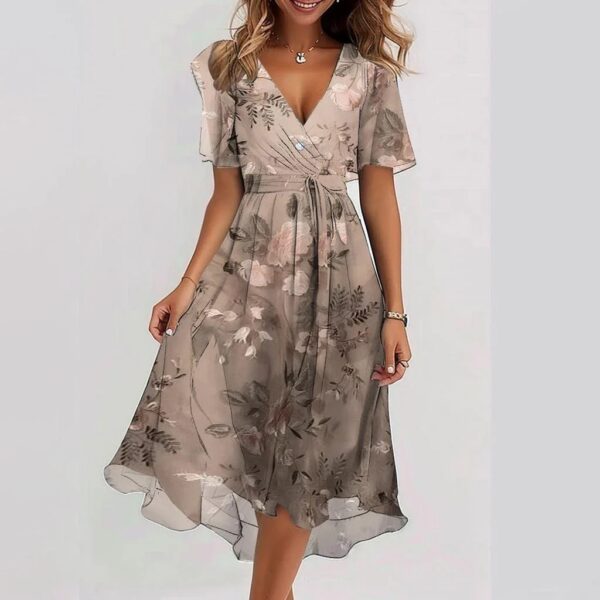 Chiffon Printed Short Sleeve Dress Summer Elegant V Neck Dresses Womens Clothing - Image 5