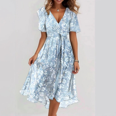 Chiffon Printed Short Sleeve Dress Summer Elegant V Neck Dresses Womens Clothing - Image 9