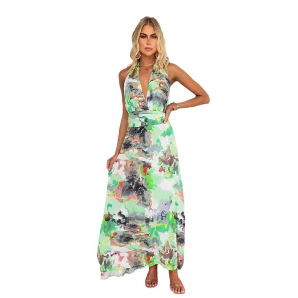 Women'S Dress Printed Tied V Neck Waist Tight A Line - Image 5