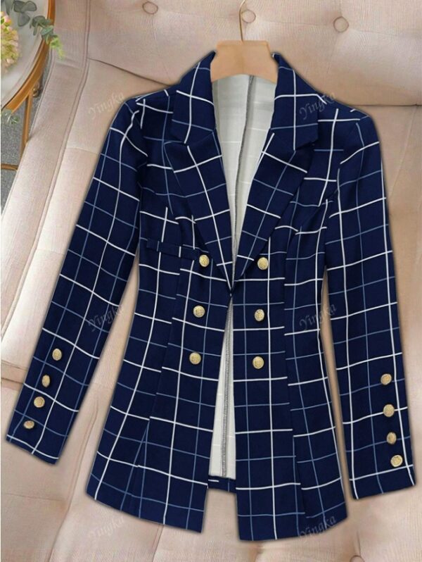 Women'S Button Front Lapel Long Sleeve Plaid Casual Blazer - Image 3
