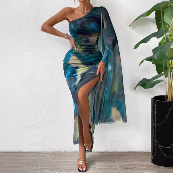Fashion Printed Shoulder Long Sleeve Dress