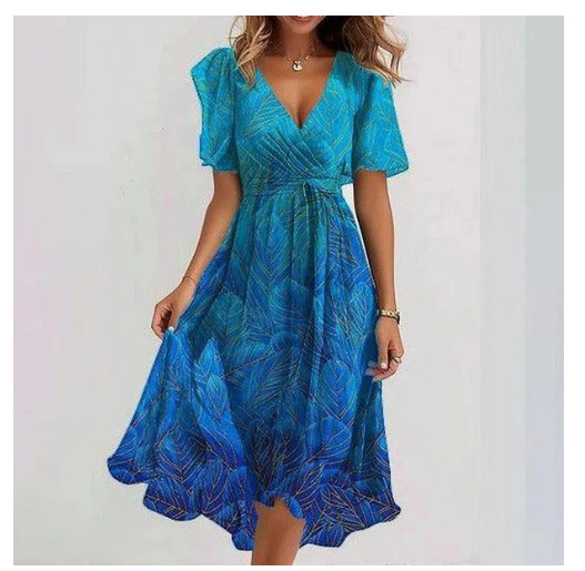 Chiffon Printed Short Sleeve Dress Summer Elegant V Neck Dresses Womens Clothing - Image 8